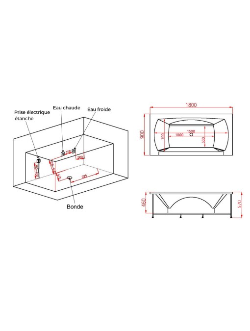 Plan dimensions Baignoire balnéo Kilauea S 22 jets