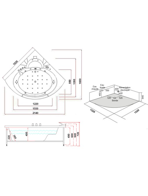 plan dimensions Baignoire balnéo d'angle 2 places Manhattan-S 26 jets