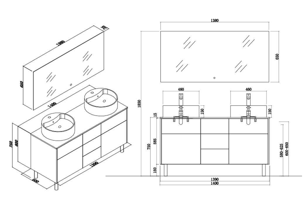 Meuble double vasque avec pied VENEZIA_BN-B, meuble de salle de bain 2