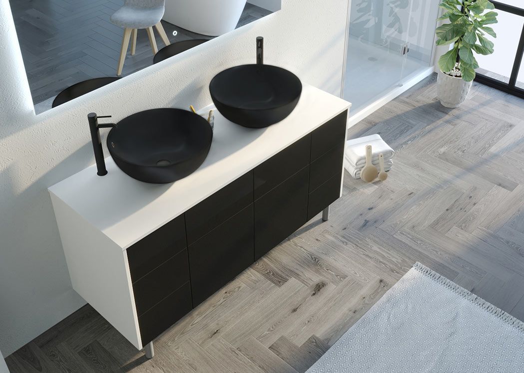 Ensemble de salle de bain double vasque VERZINO Blanc et Noir, meuble