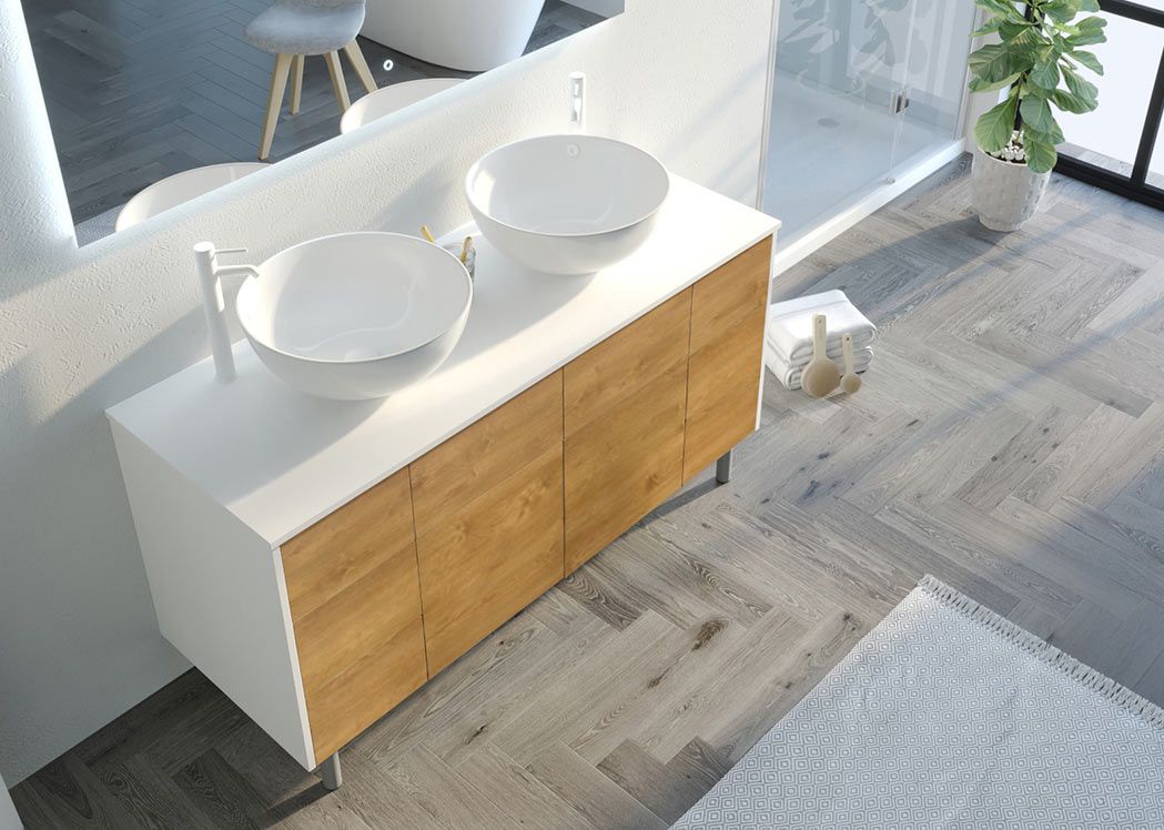 Ensemble de salle de bain double vasque VERZINO Blanc et Bois Naturel
