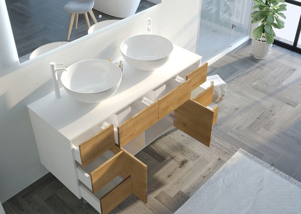 Ensemble de salle de bain double vasque VERZINO Blanc et Bois Naturel