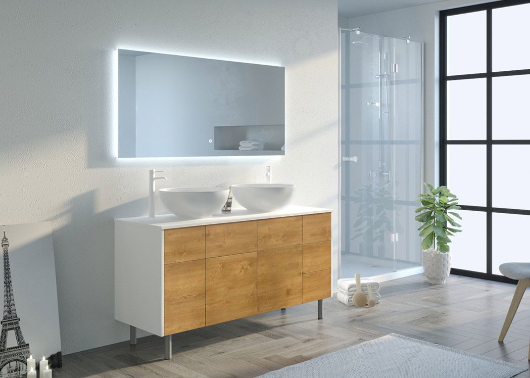 Ensemble de salle de bain double vasque VERZINO Blanc et Bois Naturel
