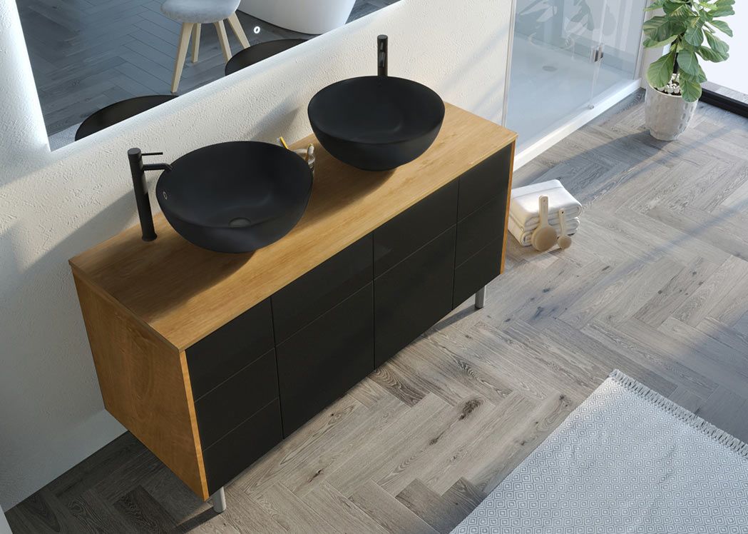 Ensemble de salle de bain double vasque VERZINO Bois Naturel et Noir