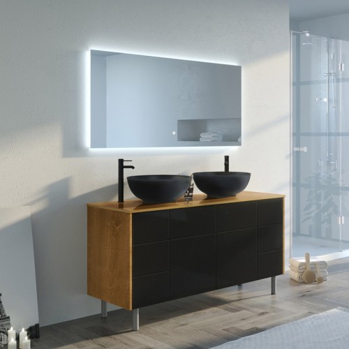 Meuble Sous Vasque Salle De Bain Sanless – Noir Et Bois Naturel, MDF Et Bambou, Dimensions 60x30x70 Cm
