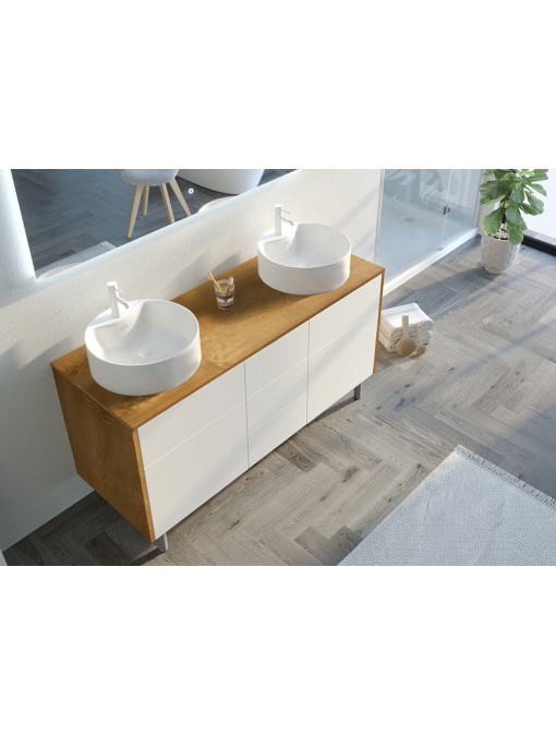 Meuble double vasque blanc mat VENEZIA Bois Naturel et Blanc mat