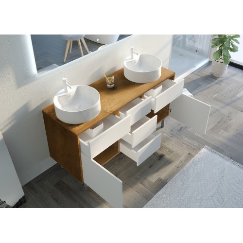 Meuble double vasque VENEZIA Bois Naturel et Blanc mat