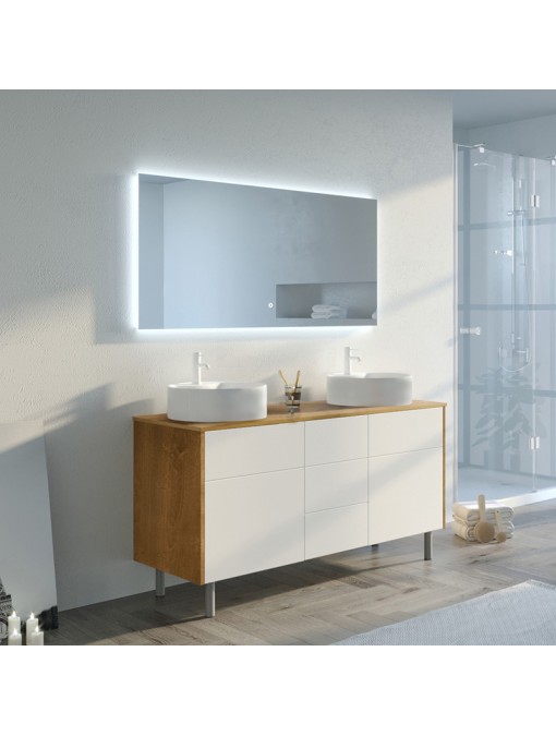Meuble double vasque VENEZIA Bois Naturel et Blanc mat