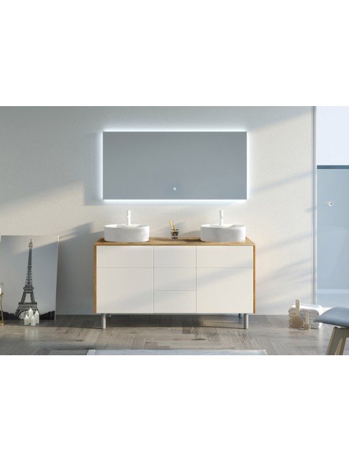 Meuble VENEZIA Bois Naturel et Blanc mat à miroir rétroéclairé LED 