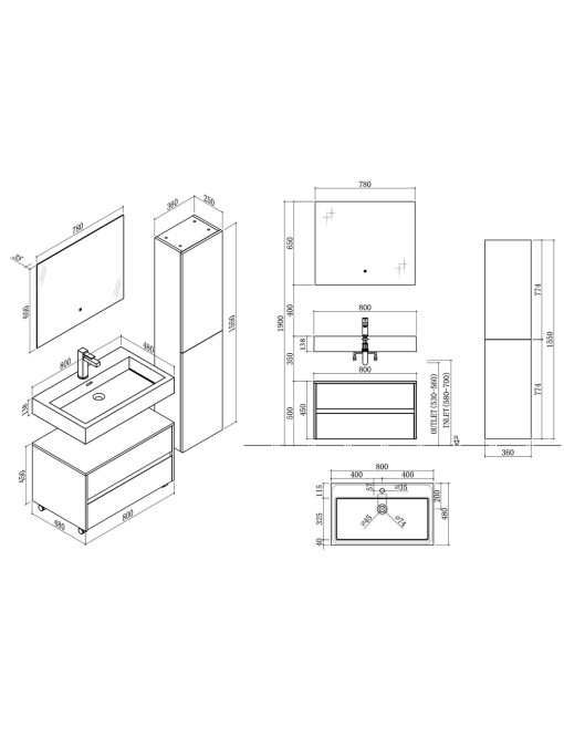Dimensions Meuble de salle de bain VISENZA 800 Noir