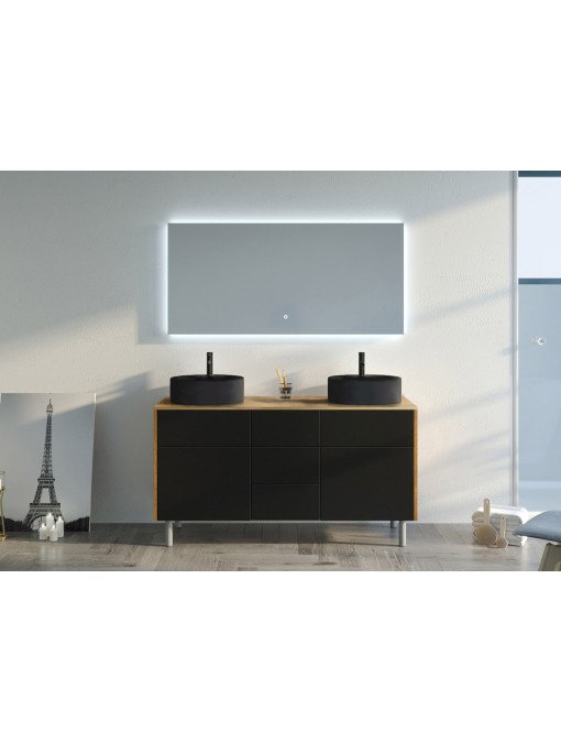 Meuble VENEZIA Bois Naturel et Noir mat et son large miroir LED