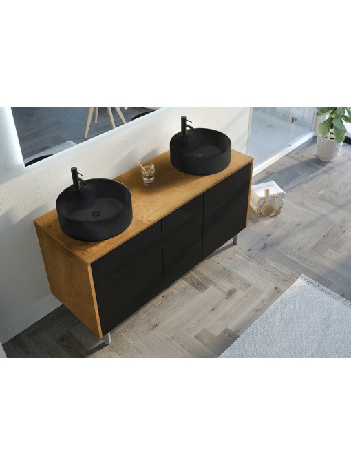 Meuble double vasque noir mat VENEZIA Bois Naturel et Noir mat