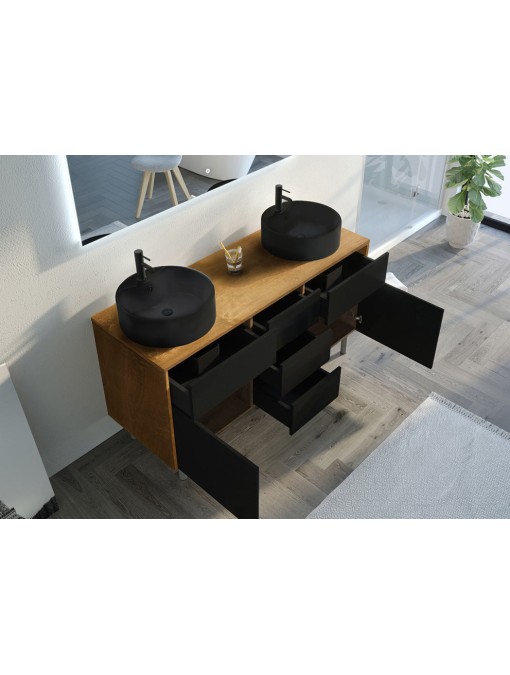 Détails ouvertures Meuble double vasque VENEZIA Bois Naturel et Noir mat