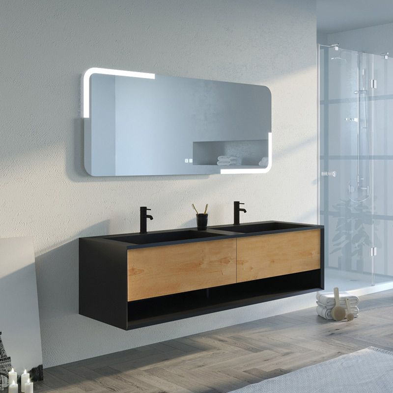 Ensemble Salle De Bain En Bambou/bois Et Plastique Noir - 7 Pièces (poubelle, Brosse WC, Distributeur Savon, Etc.)