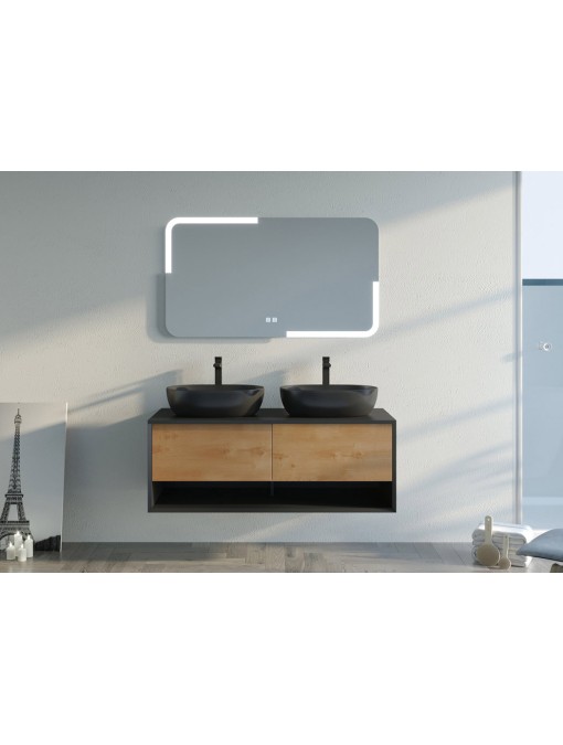 Meuble de salle de bain SANZA 1200 Noir mat et Bois Naturel