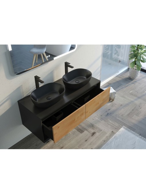 Détails rangements de salle de bain SANZA 1200 Noir et Bois Naturel