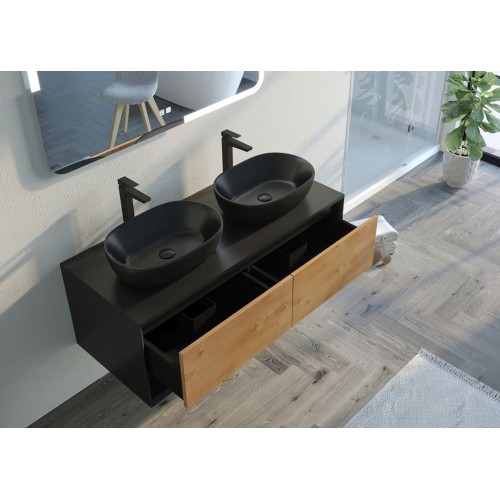 Bel Ensemble de salle de bain SANZA 1200 Noir et Bois Naturel