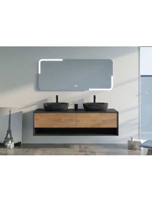 Bel ensemble Meuble de salle de bain SANZA 1600 Noir et Bois Naturel