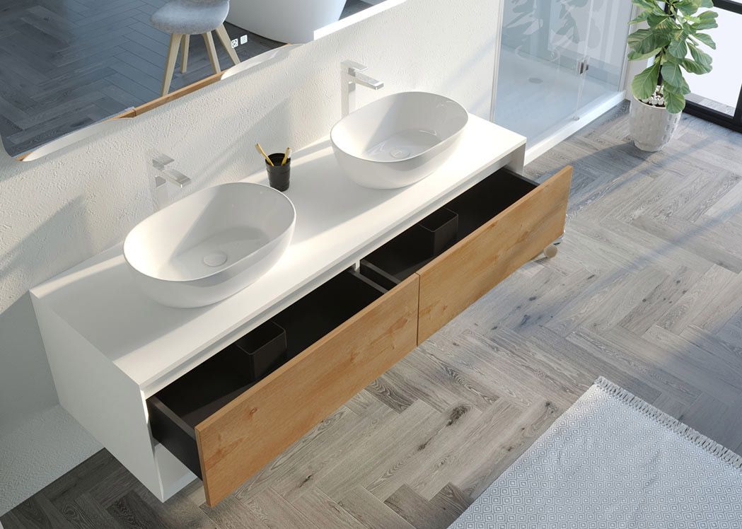 Meuble de salle de bain Sanza blanc et bois naturel 160 cm : un style