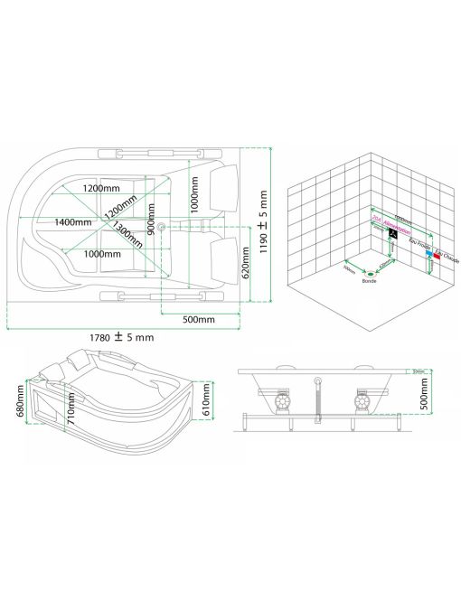 Plans et dimensions Baignoire Balnéo asymétrique VULCANO_D 56 jets