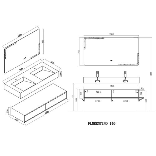 Meuble de salle de bain FLORENTINO 140cm Noir mat