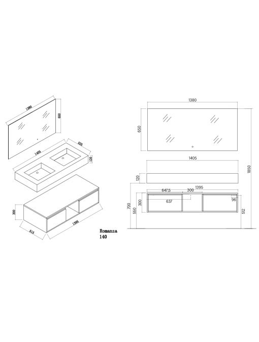 DImensions Meuble de salle de bain ROMANZA_1400 Noir