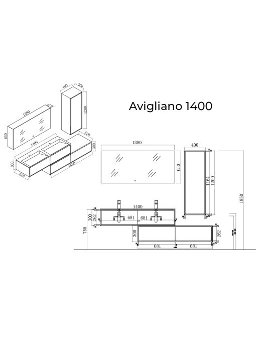 Plan schématique Meuble de salle de bain Avigliano 1400 Blanc
