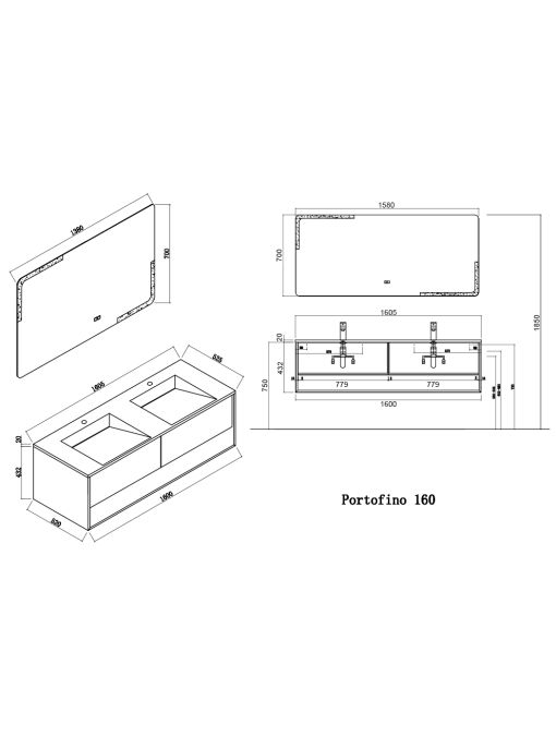 Dimensions Meuble de salle de bain Portofino 1600 Scandinave