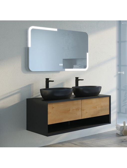 Bel Ensemble de salle de bain SANZA 1200 Noir et Bois Naturel
