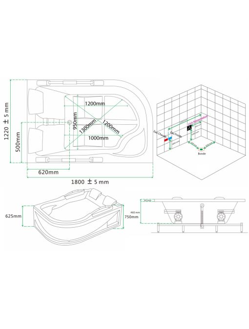 Plan Baignoire Balnéo asymétrique VULCANO_G 56 jets