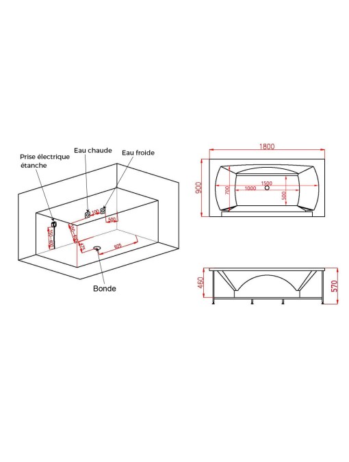 dimensions implantation Baignoire balnéo Kilauea 26 jets
