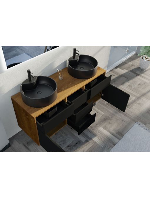 Détails ouvertures Meuble double vasque VENEZIA Bois Naturel et Noir mat