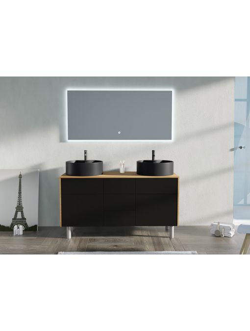 Meuble VENEZIA Bois Naturel et Noir mat et son large miroir LED