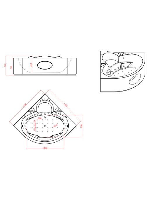 dimensions Baignoire balnéo Corleone 48 jets