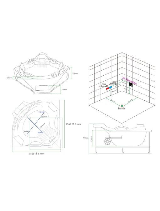 Plan et dimensions Baignoire balnéo angle Love story 42 jets
