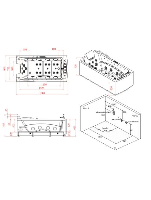 Plan Baignoire balnéo Nautilus Résine Droit 47 jets