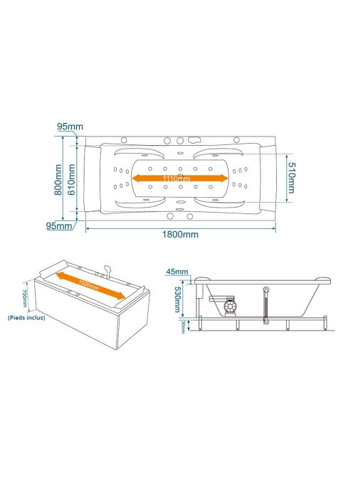 Dimensions Baignoire balnéo Santa-fe 53 jets