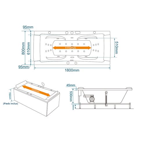Baignoire balnéo rectangulaire Santa-fe 53 jets
