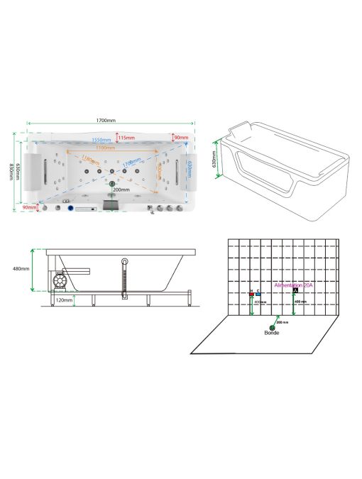 Plans Baignoire balnéo Emeraude 35 jets