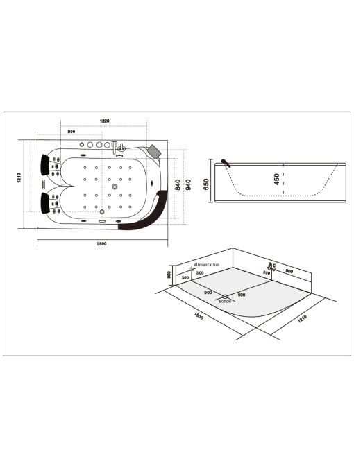 Dimensions Baignoire balnéo D-Maldives 36 jets