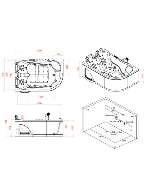 Plan Baignoire balnéo Genova Droit 40 jets