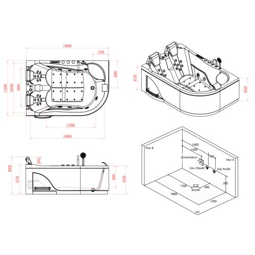 Baignoire balnéo asymétrique Genova Droit 40 jets