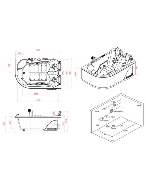Plan Baignoire balnéo Genova Gauche 40 jets