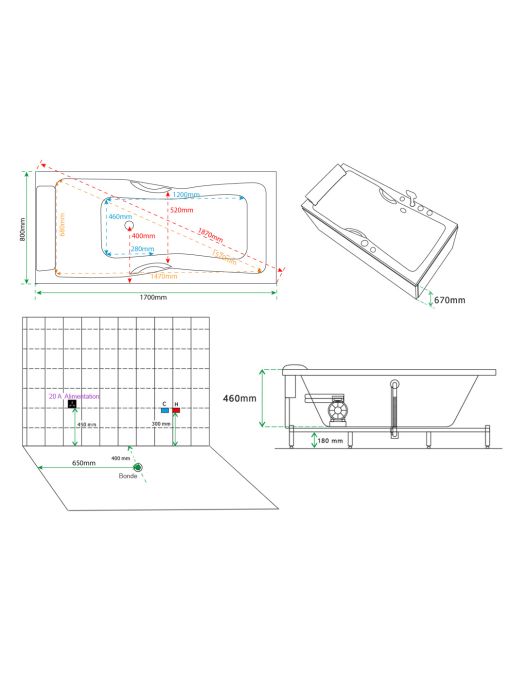 Plan Baignoire balnéo 43 jets Harmonie droite