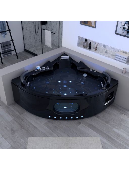 Baignoire balnéo d'angle Noire Corleone 48 jets