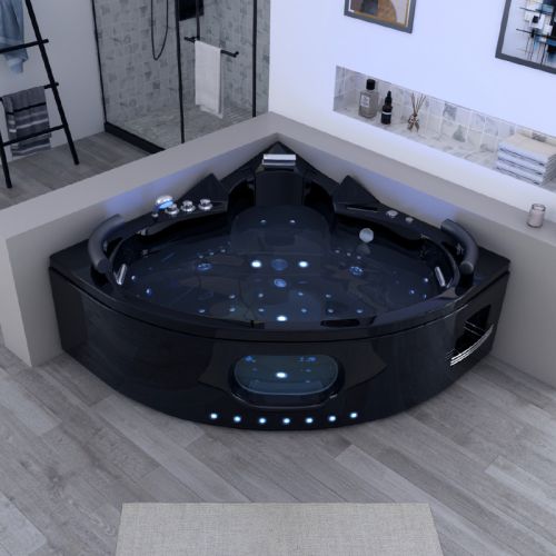Baignoire balnéo d'angle Noire Corleone 48 jets