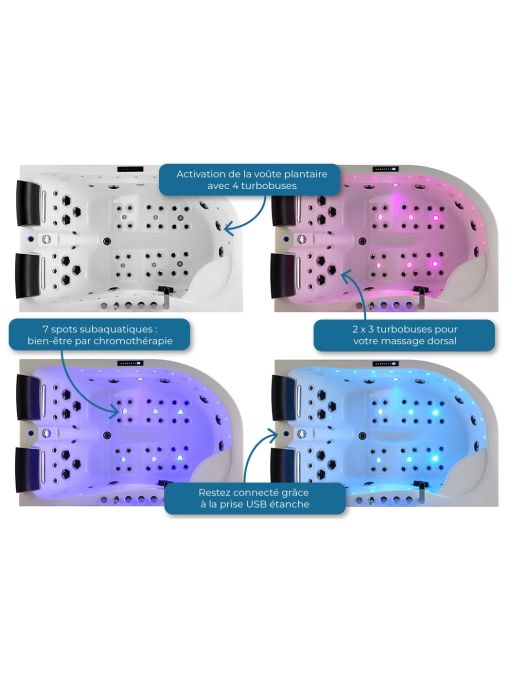 Vues intérieures chromothérapie Baignoire balnéo Kalliste Gauche 47 jets