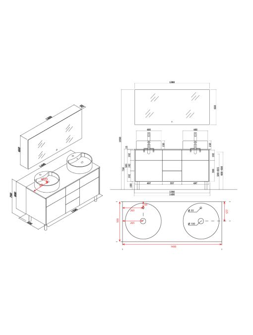Plan Meuble double vasque VENEZIA Bois Naturel et Noir mat