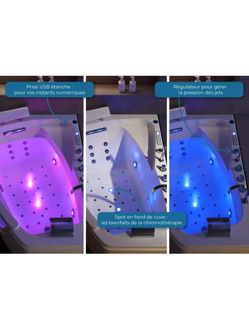 Baignoire avec cascade cervicale éclairée par LED