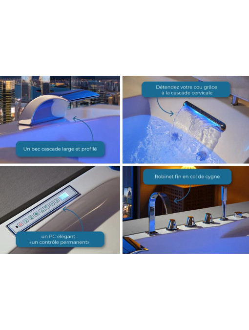 Baignoire balnéo design avec panneau de contrôle tactile et port USB